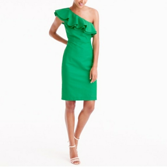 J. Crew Dresses & Skirts - J Crew One Shoulder Green Ruffle Dress